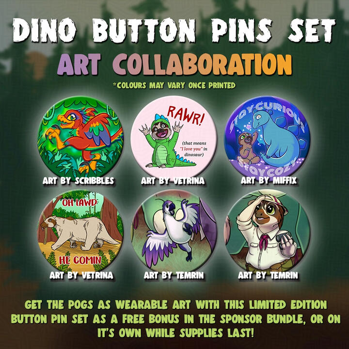 2024 Pog/Button Pins. Bottom middle and right are mine, other pogs made by Scribbles, Vetrina, and Miffix.