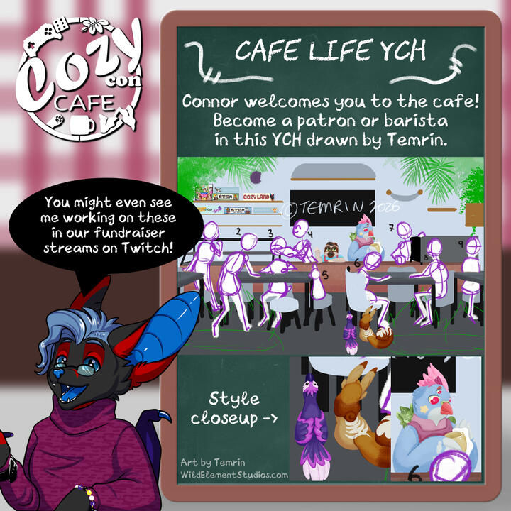 2026 CozyCon Cafe. Designed the logo (many rounds of feedback from team), advert design, and the artwork.