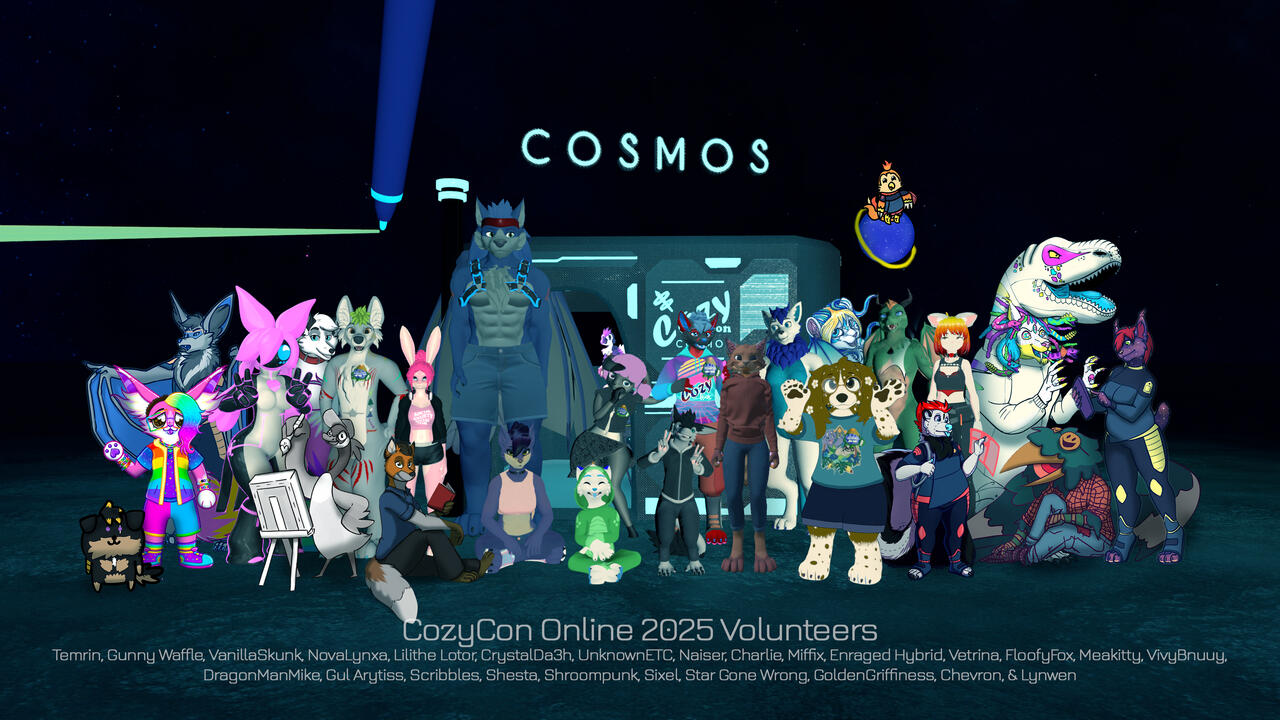 CozyCon 2025 Cosmos Staff Photo - Mixing 3D and 2D characters.