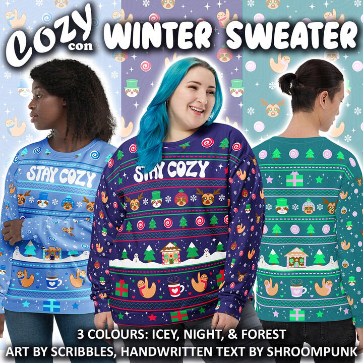 Designed the advertisement for the CozyCon winter sweater. Artwork by Scribbles and Shroompunk.