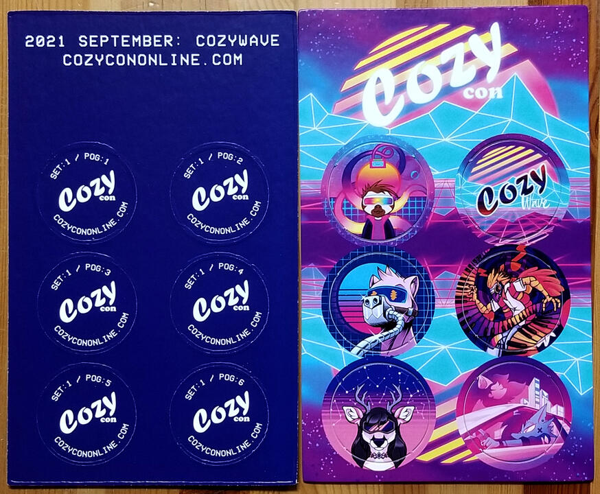 CozyCon Online Pog/Milk Cap Carded Set - Background and top right pog is my art. Rest of the pogs by Scribbles, Reid, Shroompunk, Rhari, and AriTyphoon.