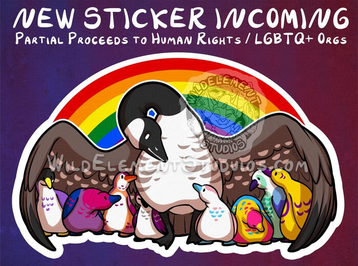 A sticker design that shows a canadian goose with it's wings outstretched, a rainbow behind them while they cover and protect 8 tiny goslings, each brightly coloured in different pride flag colours. From left to right, Nonbinary, Bi, Lesbian, Ace, Trans, P