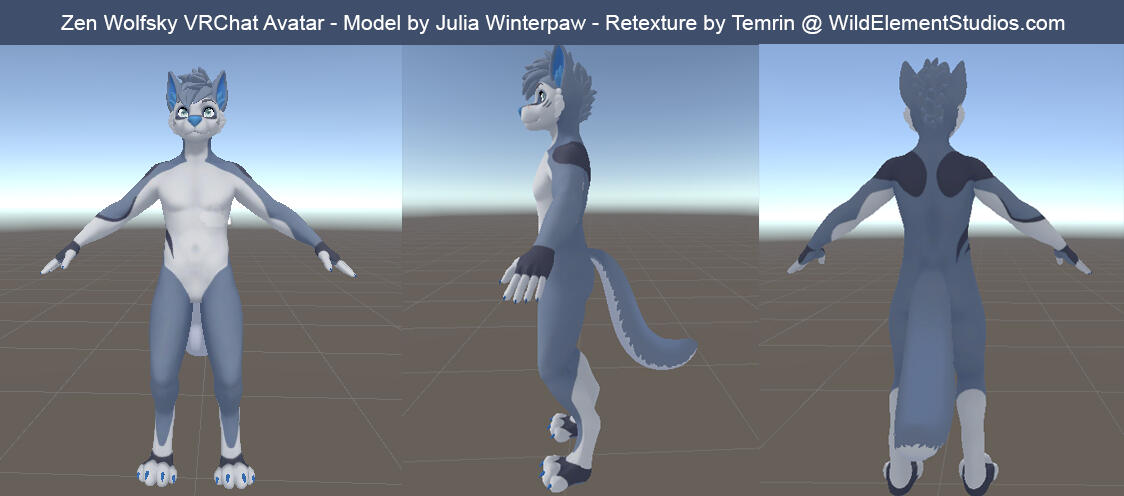 Julia Winterpaw masculine canine base full body retextured to a white, grey blue, and dark grey character with some blue accents.