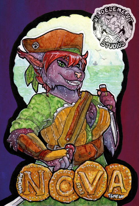 An ink and watercolour badge of Nova, a galazy lynx who's fur is reds, purples and blues all mixed together like a galaxy, and has stars dotting her fur. She is dressed as a pirate, with red hair poling our from under her leather hat, a bracer on one arm,